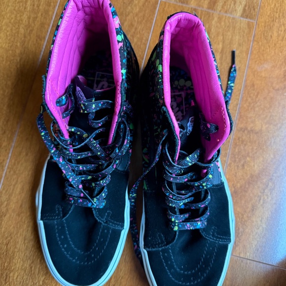 VANS Sk8 Hi Black Pink Neon Paint Splatter Skate Shoes Womens 9 Mens 7.5 Mid. - Picture 8 of 9